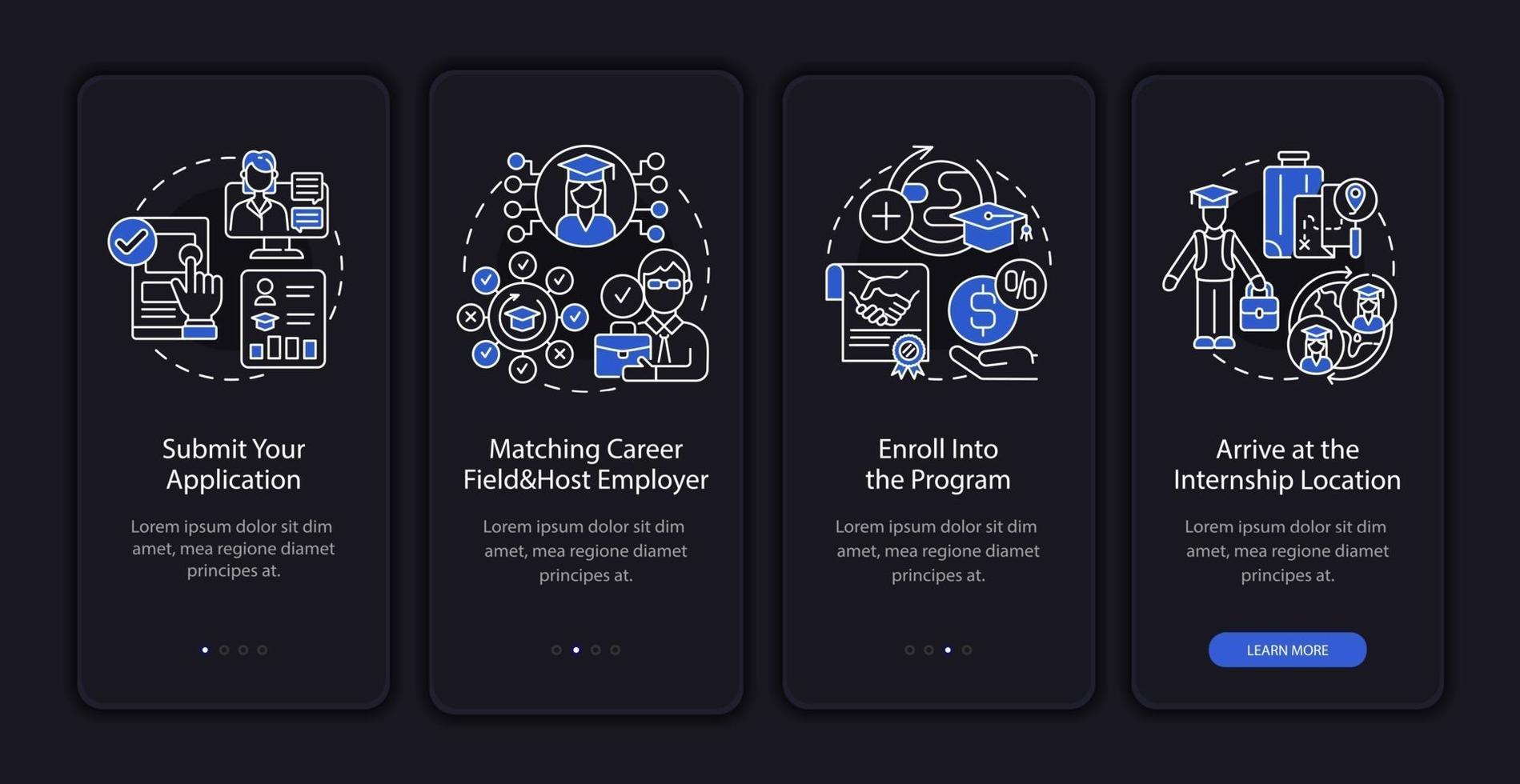 Praktikum im Ausland Onboarding der mobilen App-Seitenbildschirm vektor