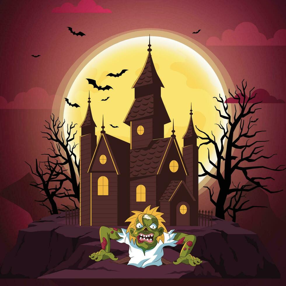 glücklich Halloween oder Party Einladung Hintergrund mit Nacht Wolken und unheimlich Schloss. vektor