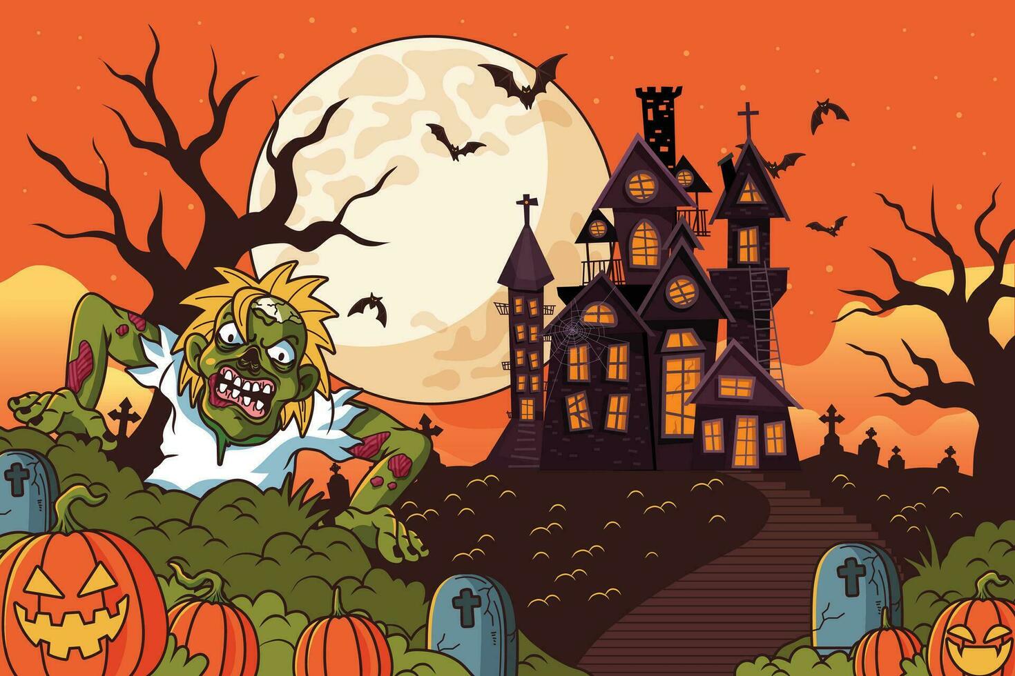 Halloween Nacht Hintergrund mit Zombie Gehen und Hexe Charakter vektor