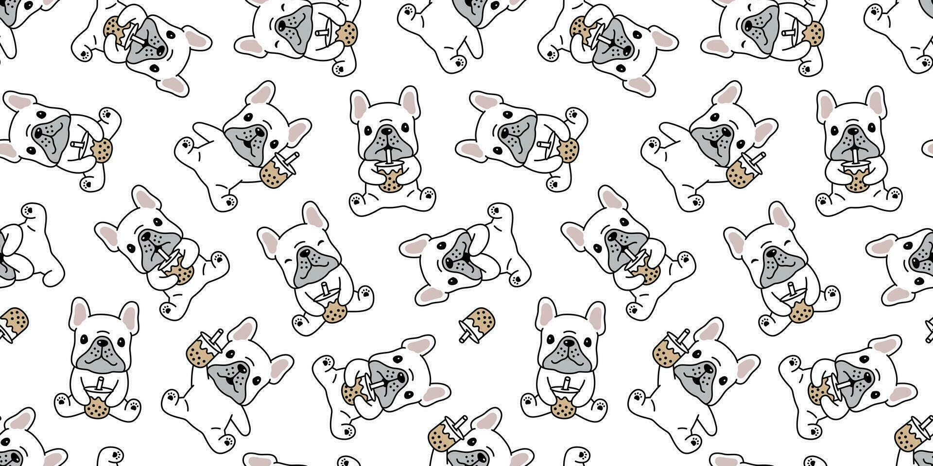 hund sömlös mönster franska bulldogg boba te vektor bubbla mjölk te tecknad serie scarf isolerat upprepa tapet bricka bakgrund klotter illustration vit design