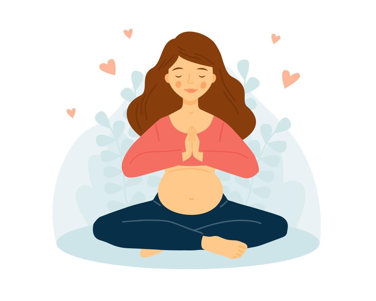 Schwangere praktiziert Yoga. Das Mädchen meditiert. namast. vektor