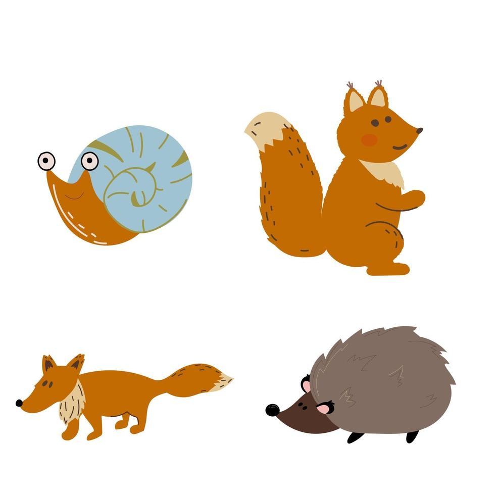 Tiere aus Eichhörnchen, Igel, Fuchs, Schnecke. vektor