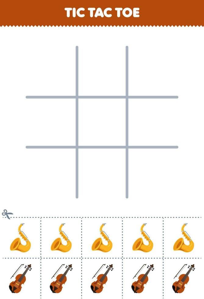 utbildning spel för barn tic tac tå uppsättning med söt tecknad serie saxofon och fiol bild tryckbar musik instrument kalkylblad vektor