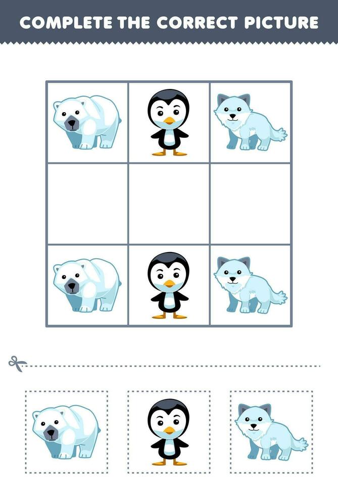 Bildung Spiel zum Kinder Komplett das richtig Bild von ein süß Karikatur Polar- Bär Pinguin und Arktis Fuchs druckbar Winter Arbeitsblatt vektor