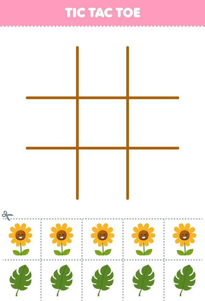 Bildung Spiel zum Kinder tic tac Zehe einstellen mit süß Karikatur Sonnenblume und Blatt Bild druckbar Natur Arbeitsblatt vektor