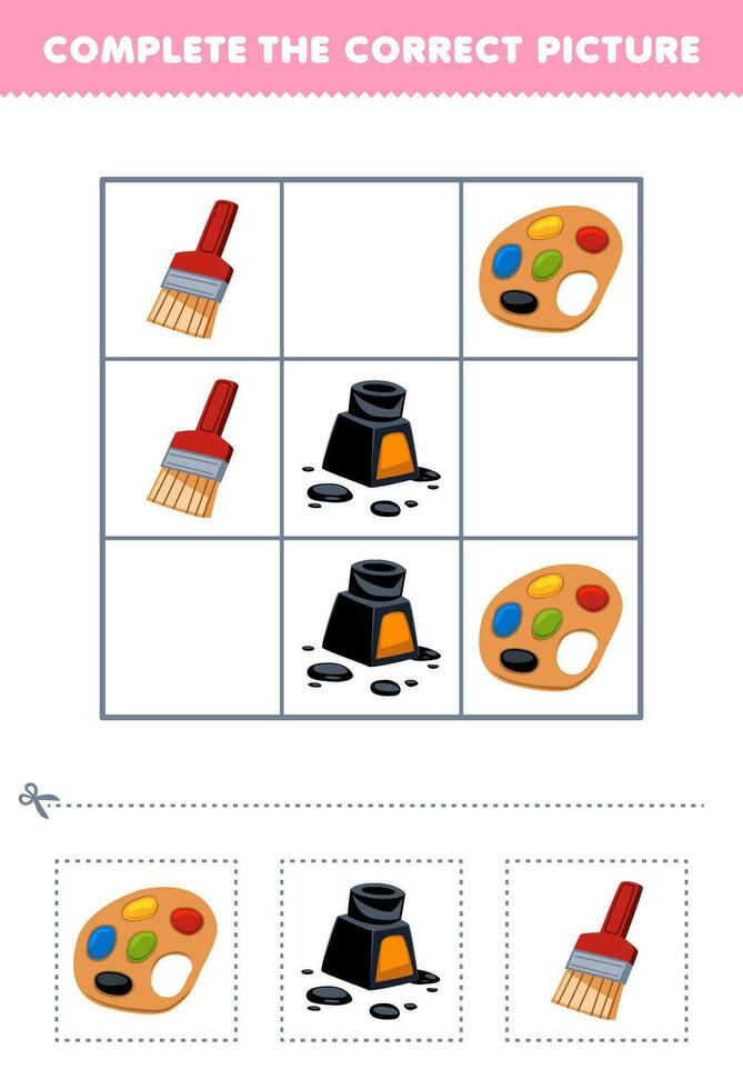 utbildning spel för barn komplett de korrekt bild av en söt tecknad serie palett bläck och borsta tryckbar verktyg kalkylblad vektor