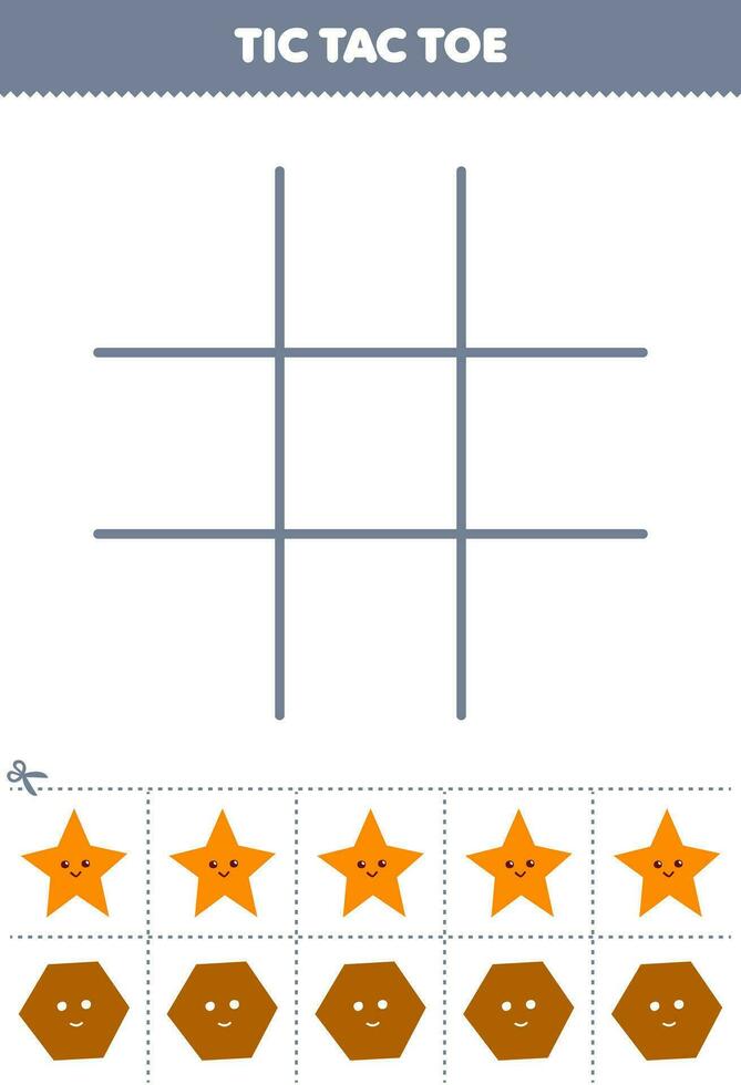 utbildning spel för barn tic tac tå uppsättning med söt tecknad serie stjärna och sexhörning bild tryckbar form kalkylblad vektor
