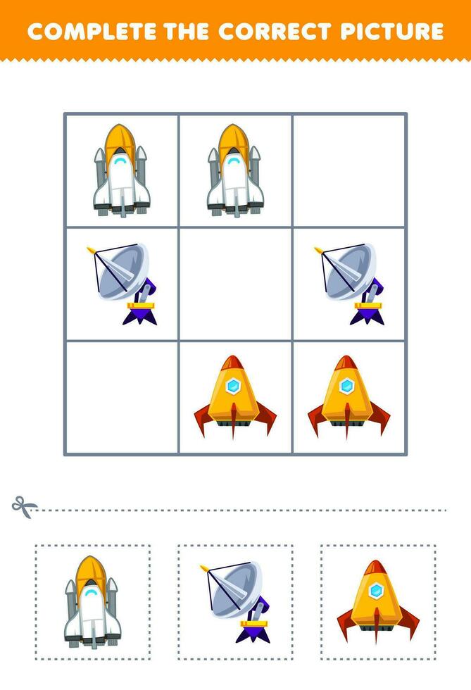 Bildung Spiel zum Kinder Komplett das richtig Bild von ein süß Karikatur Raumschiff Radar und Rakete druckbar Solar- System Arbeitsblatt vektor