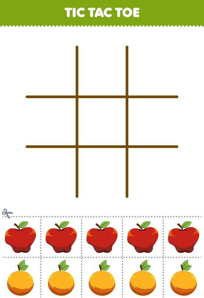 utbildning spel för barn tic tac tå uppsättning med söt tecknad serie äpple och orange bild tryckbar frukt kalkylblad vektor