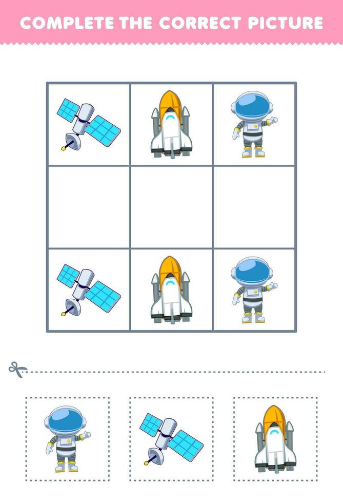 Bildung Spiel zum Kinder Komplett das richtig Bild von ein süß Karikatur Astronaut Satellit und Raumschiff druckbar Solar- System Arbeitsblatt vektor