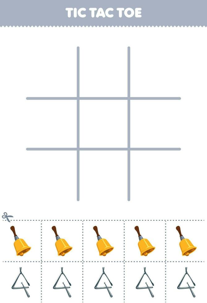 Bildung Spiel zum Kinder tic tac Zehe einstellen mit süß Karikatur Glocke und Dreieck Bild druckbar Musik- Instrument Arbeitsblatt vektor