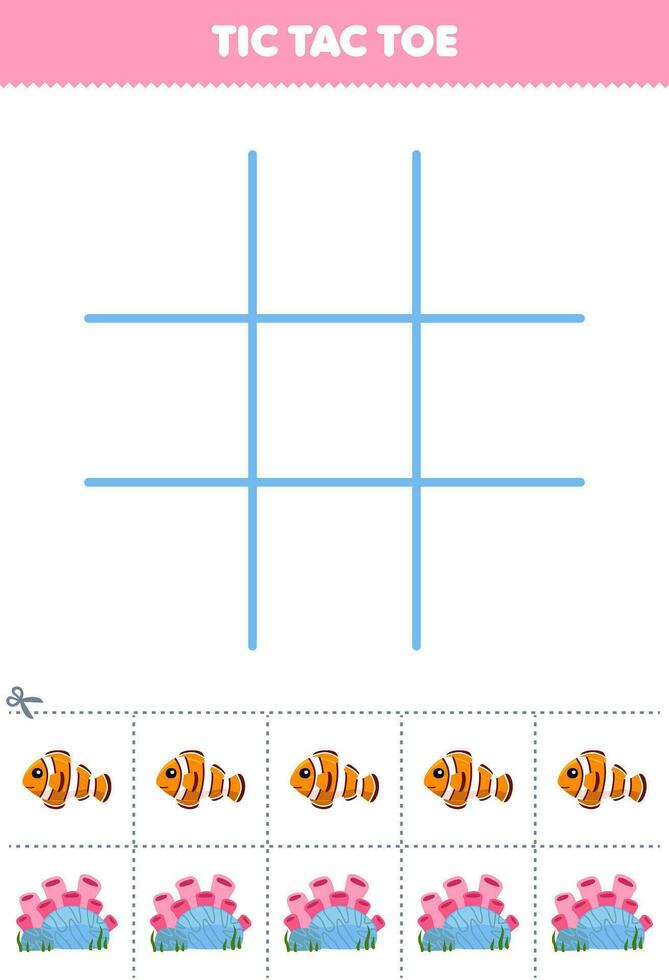 utbildning spel för barn tic tac tå uppsättning med söt tecknad serie fisk och korall bild tryckbar under vattnet kalkylblad vektor