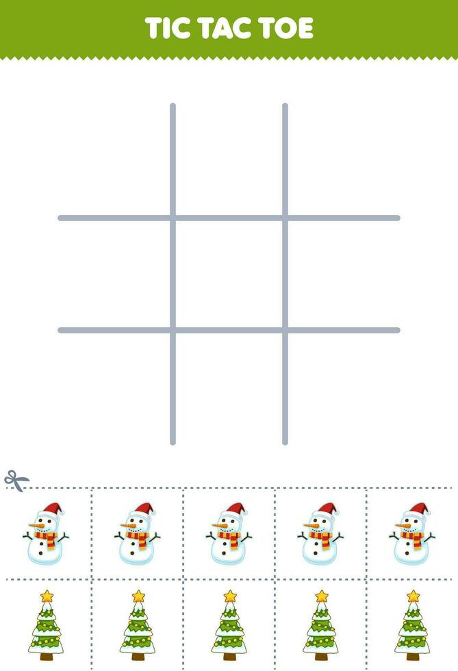 Bildung Spiel zum Kinder tic tac Zehe einstellen mit süß Karikatur Schneemann und Weihnachten Baum Bild druckbar Winter Arbeitsblatt vektor