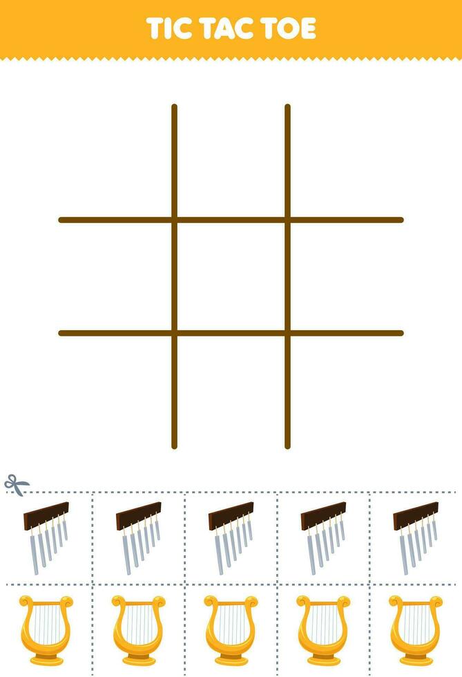 Bildung Spiel zum Kinder tic tac Zehe einstellen mit süß Karikatur Glockenspiel und Leier Bild druckbar Musik- Instrument Arbeitsblatt vektor