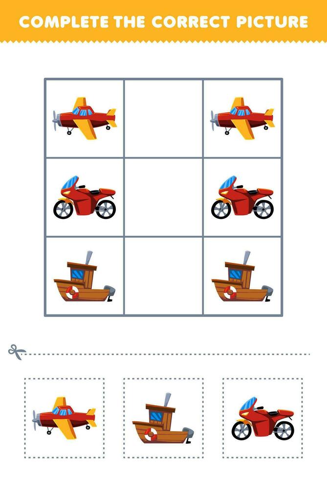 Bildung Spiel zum Kinder Komplett das richtig Bild von ein süß Karikatur Flugzeug Schiff und Motorrad druckbar Transport Arbeitsblatt vektor