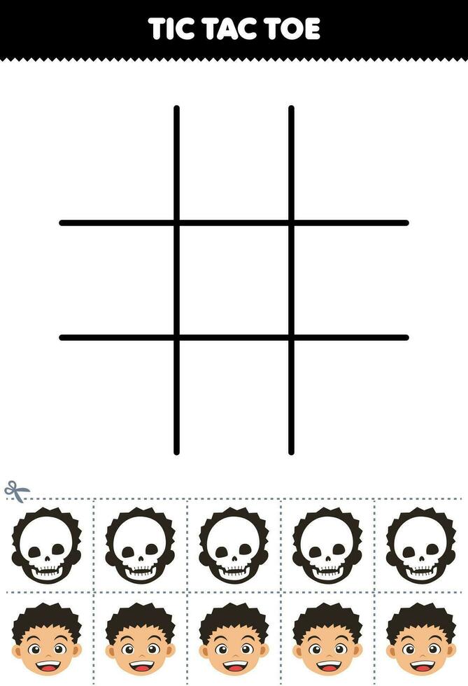 Bildung Spiel zum Kinder tic tac Zehe einstellen mit süß Karikatur Kopf und Schädel Bild druckbar Anatomie und Organ Arbeitsblatt vektor