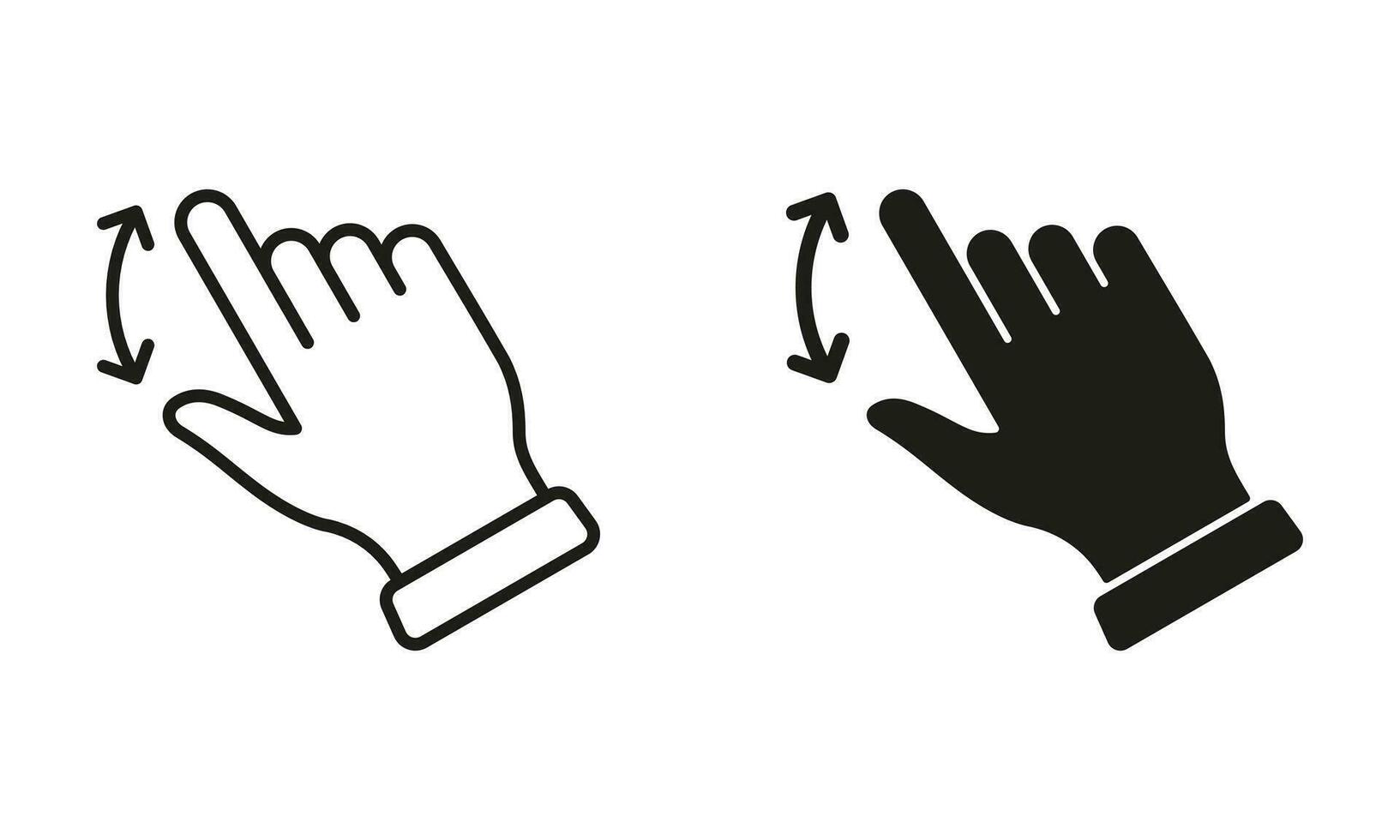 Hand Finger streichen, ziehen oben und Nieder Linie und Silhouette schwarz Symbol Satz. Geste rutschen Nieder und oben Piktogramm. Prise Bildschirm, drehen berühren Bildschirm Symbol Sammlung. isoliert Vektor Illustration.