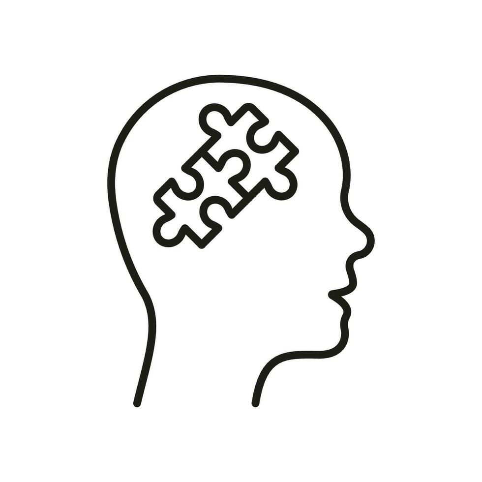 Person Gehirn und Puzzle, Schaffung Idee Konzept linear Piktogramm. Lösung im Mensch Kopf Linie Symbol. Denken intellektuell Prozess Gliederung Symbol. editierbar Schlaganfall. isoliert Vektor Illustration.