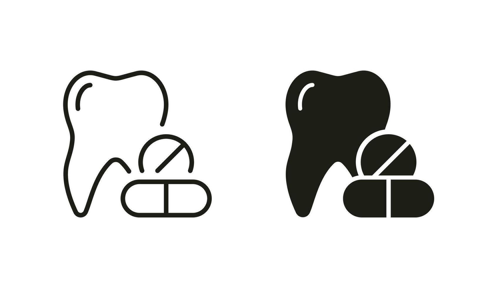 dental smärtstillande medicin. tänder och piller silhuett och linje ikoner uppsättning. tand apotek medicin piktogram. läsplatta för oral sjukdom. dental behandling svart symbol samling. isolerat vektor illustration.