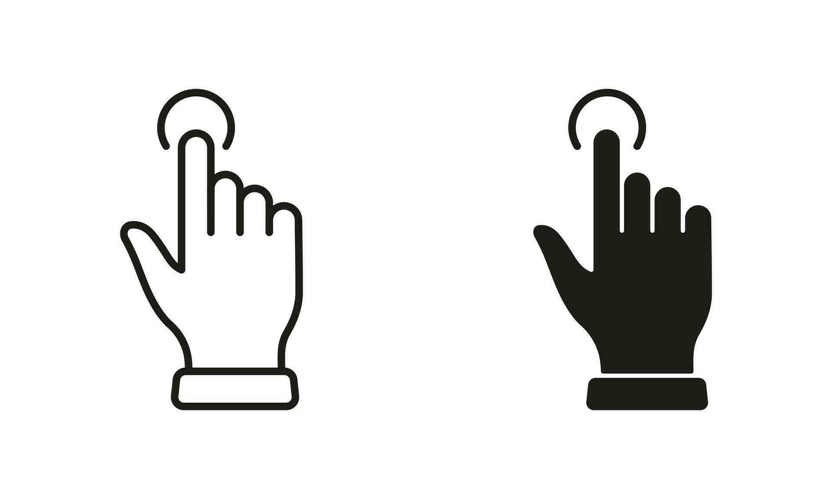 klicken Geste, Hand Mauszeiger von Computer Maus Linie und Silhouette Symbol Satz. Zeiger Finger Drücken Sie oder Punkt Piktogramm. streichen, berühren, Zapfhahn Zeichen Sammlung auf Weiß Hintergrund. isoliert Vektor Illustration.