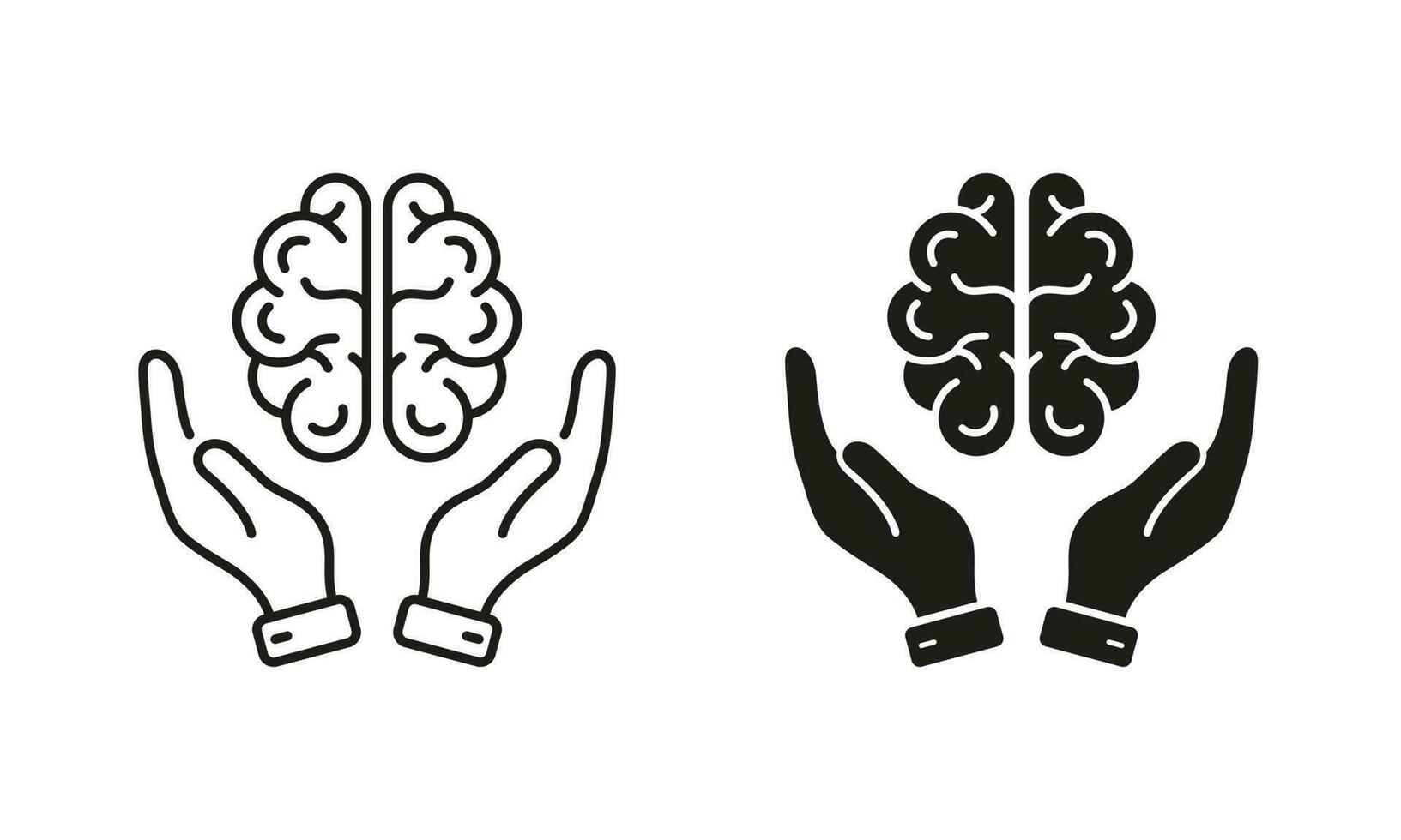 neurologi, psykologi linje och silhuett ikon uppsättning. mänsklig hjärna med händer piktogram. utbildning, logik analys, minne, sinne symbol samling på vit bakgrund. isolerat vektor illustration.