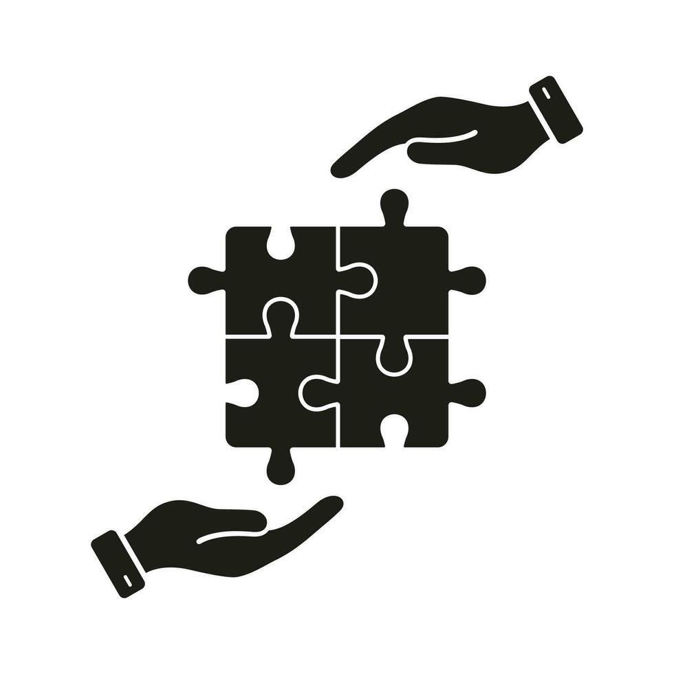 Mensch Hände und Puzzle Kombination solide unterzeichnen. Mannschaft Strategie, Problem lösen, finden Lösung Glyphe Piktogramm. Puzzle Stücke, erfolgreich Zusammenarbeit Silhouette Symbol. isoliert Vektor Illustration.