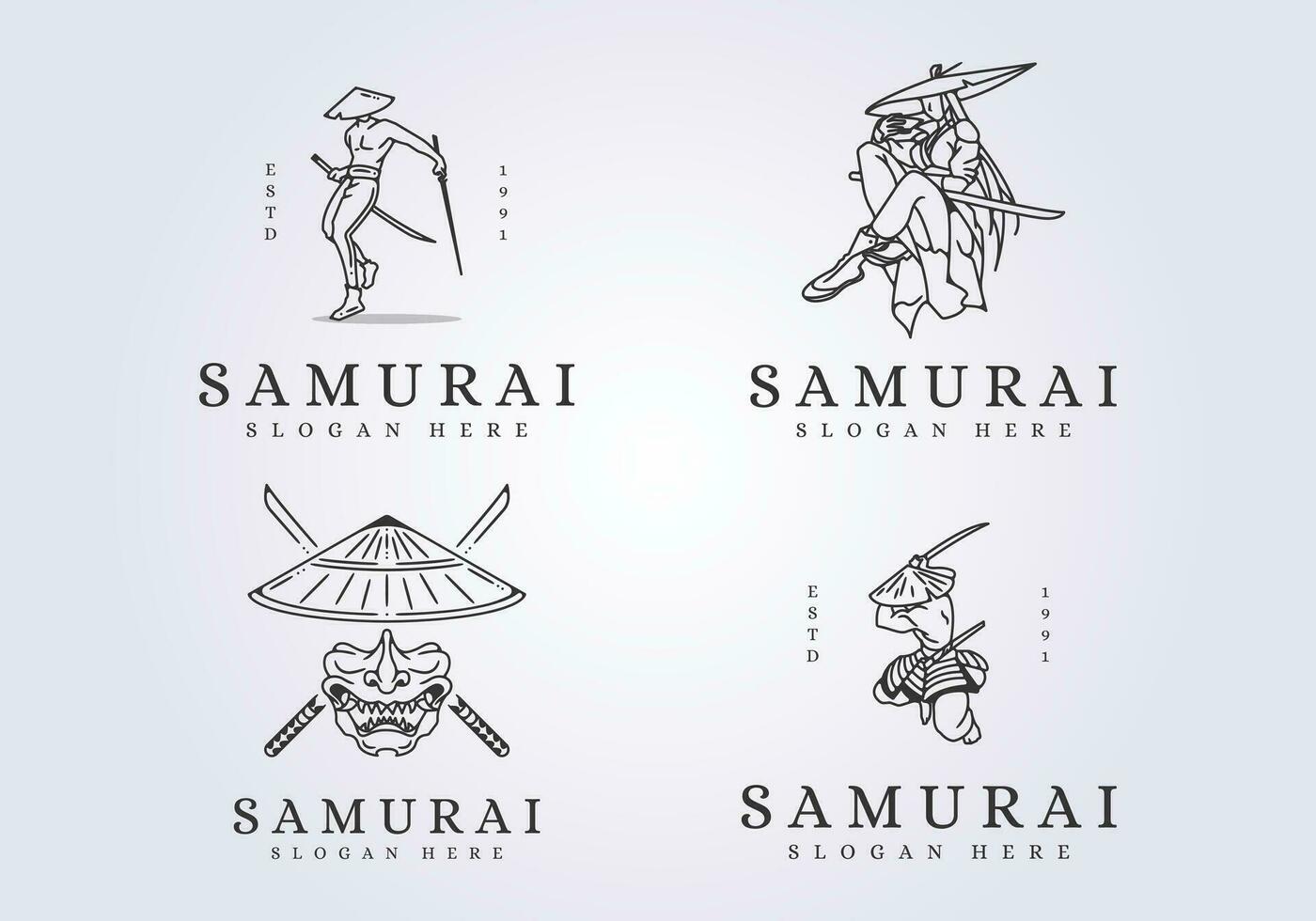 einstellen von Samurai Katana Maskottchen Linie Kunst Logo Vektor Illustration Design, ikonisch Symbol Samurai Hintergrund