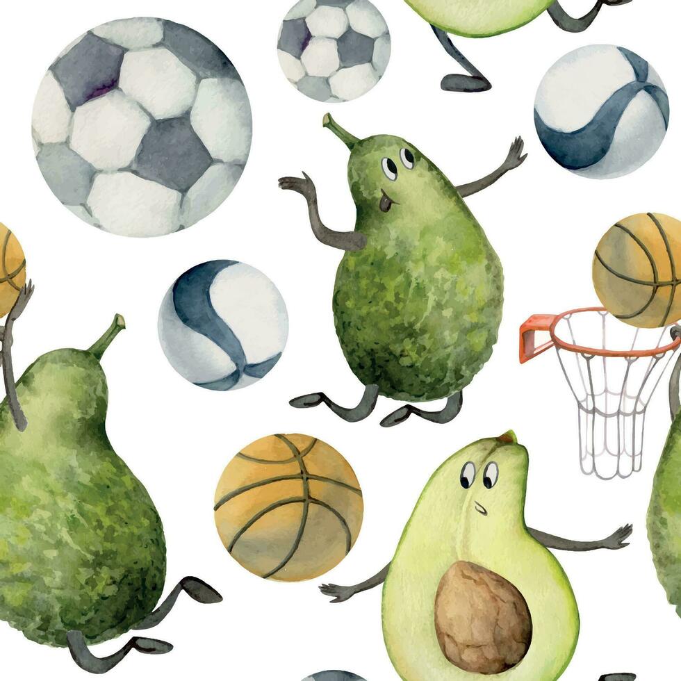 hand dragen vattenfärg boll sporter redskap Utrustning, avokado spelar, fotboll volleyboll basketboll. illustration isolerat sömlös mönster på vit bakgrund. design affisch, skriva ut, hemsida, kort, affär vektor