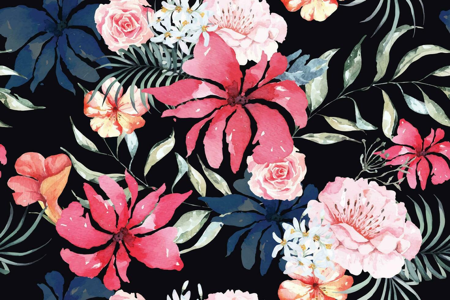 nahtlos Muster von Blühen Blumen gemalt im Aquarell auf schwarz hintergrund.für Stoff luxuriös und Hintergrund, Jahrgang style.hand gezeichnet botanisch Blumen- bunt Muster. vektor