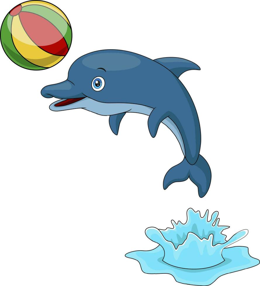 söt delfin tecknad serie spelar strand boll vektor