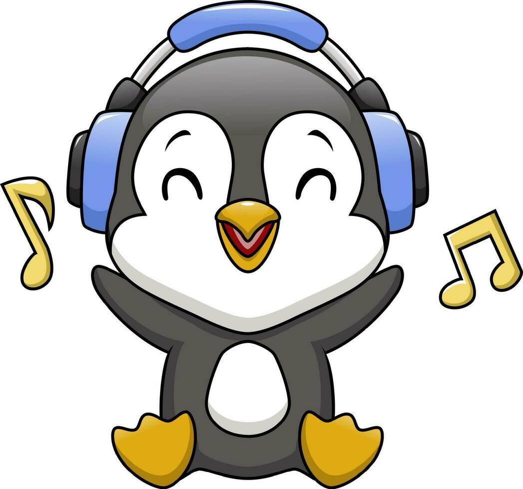 süß Pinguin Karikatur Hören Musik- mit Kopfhörer vektor