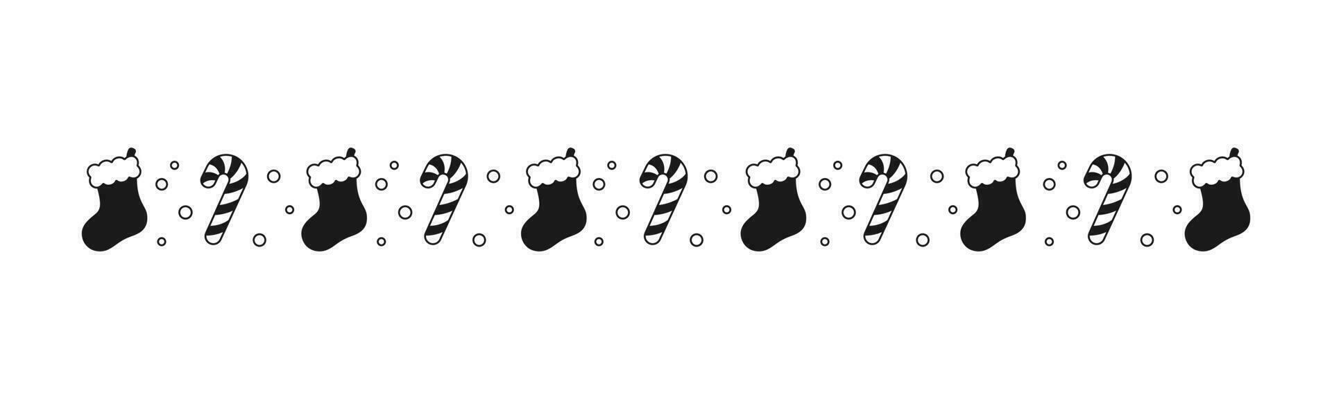 Weihnachten thematisch dekorativ Rand und Text Teiler, Weihnachten Strumpf und Süßigkeiten Stock Muster Silhouette. Vektor Illustration.