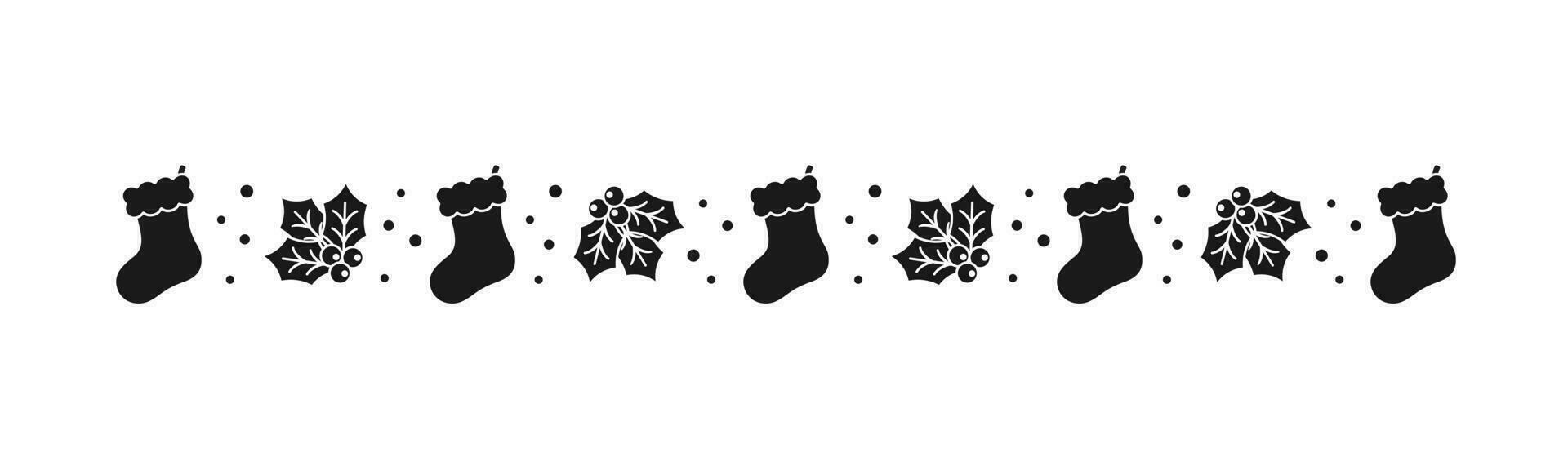 jul tema dekorativ gräns och text delare, jul strumpa och mistel mönster silhuett. vektor illustration.