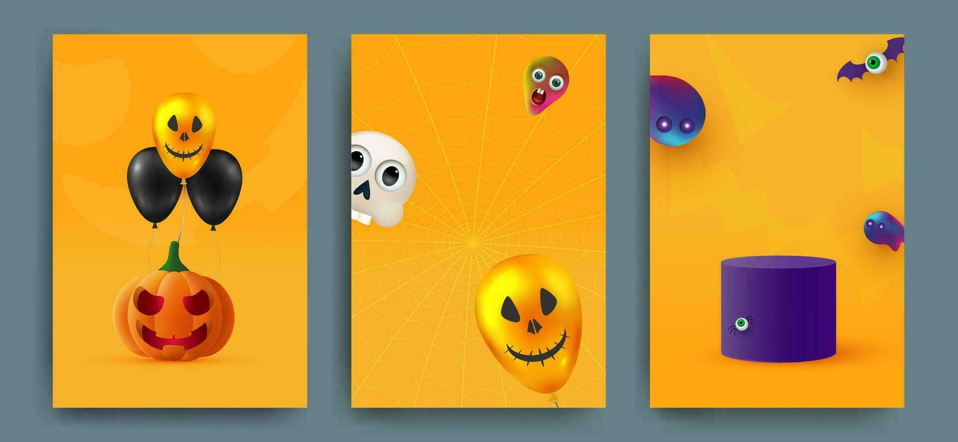 halloween fest inbjudningar, hälsning kort eller affischer. uppsättning av söt pumpor, spöken och monster. design mall för reklam, internet, social nätverk. vektor illustration