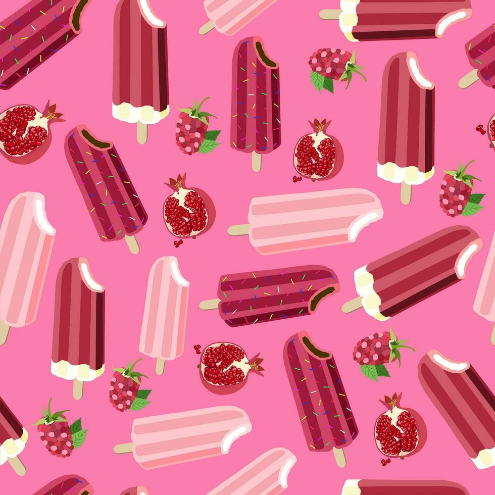 Eis Sahne nahtlos Muster. köstlich Süss Nachspeisen. Rosa Hintergrund. Vektor Illustration. Granatapfel und Himbeeren.