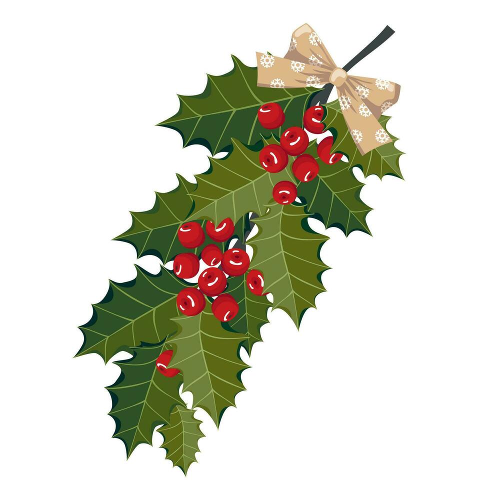 järnek grenar med röd bär och en gyllene rosett. traditionell jul dekoration tillverkad av järnek. illustrerade vektor ClipArt.