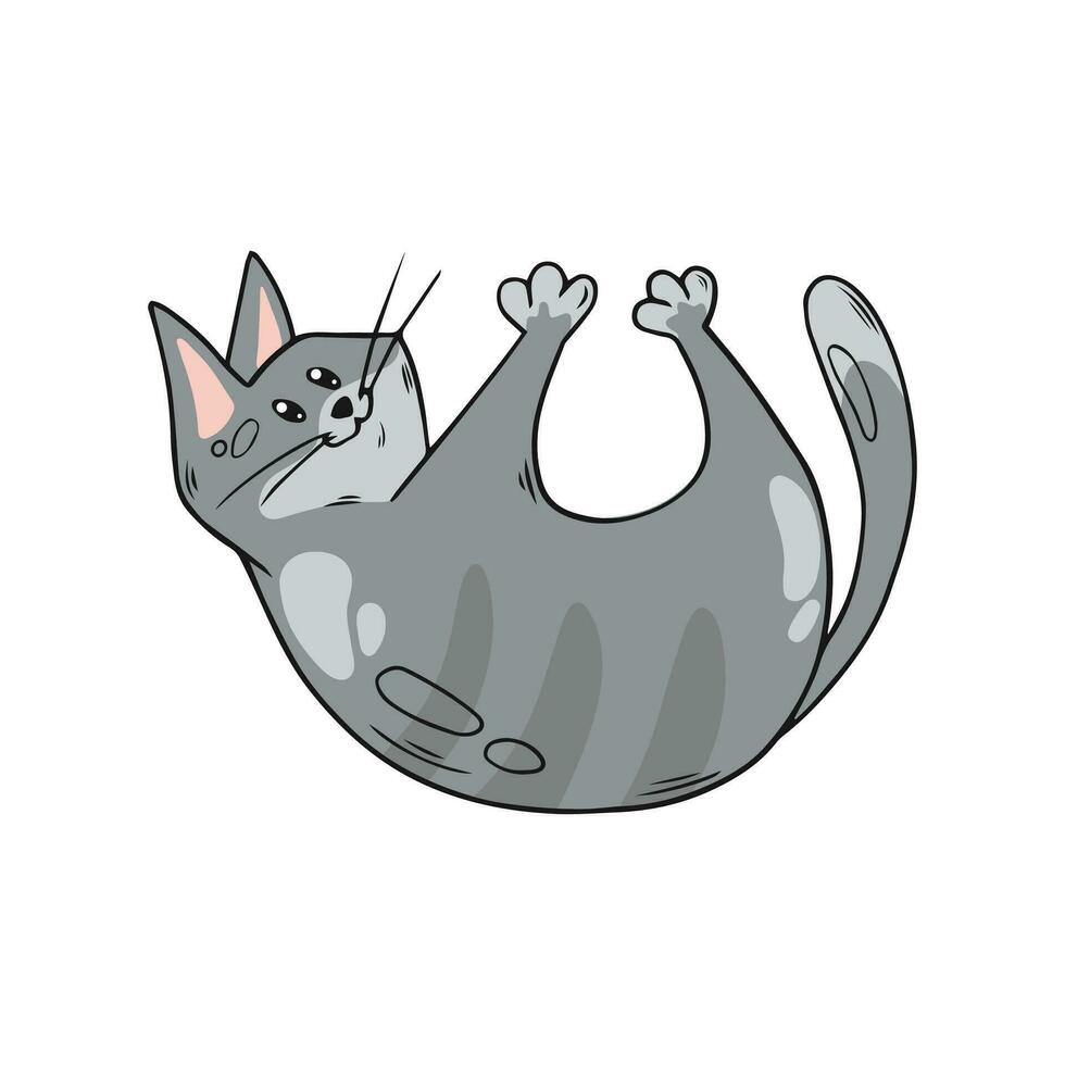 söt lekfull katt. grå kattunge i hand dragen stil. vektor illustration isolerat på vit bakgrund.