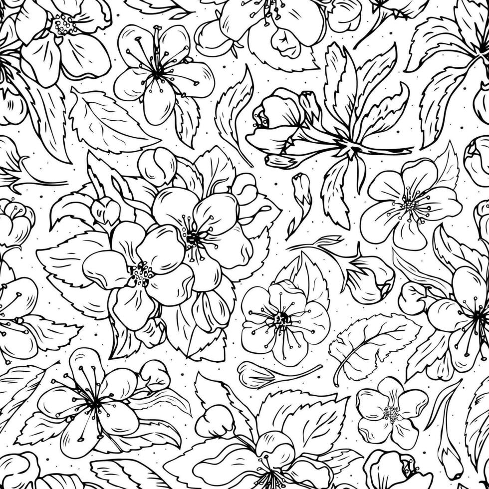 sömlös mönster med körsbär blommor. hand dragen svartvit blommig prydnad för textil, tyg. skisse sakura blommor. vektor