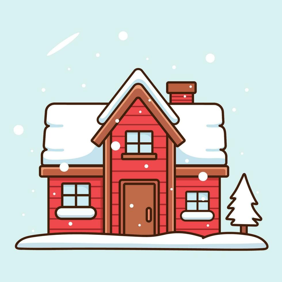 glad jul kort med röd hus och jul träd. vinter- bekvämlighet vektor