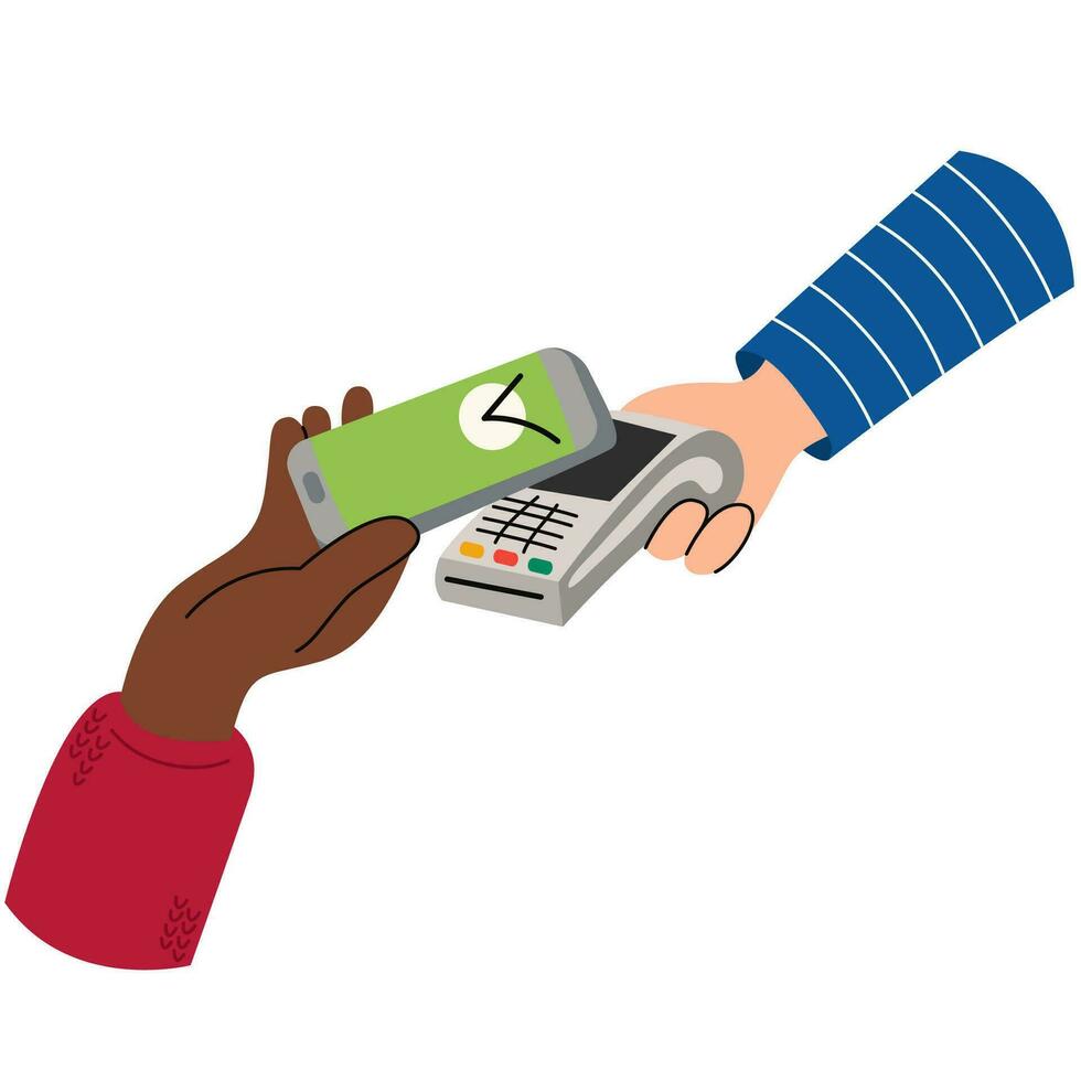 kontaktlos bargeldlos Zahlungen mit Handy, Mobiltelefon Telefon Anwendungen. Hände bezahlen mit pos Terminals und nfc Technologie. vektor