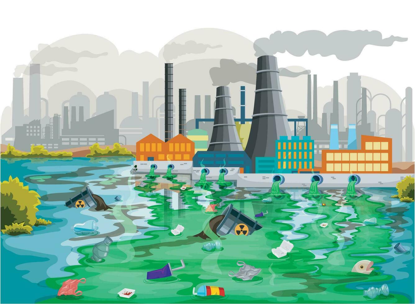 vatten och luft förorening från industriell avfall resultat i miljö- skada och skadar offentlig hälsa vektor