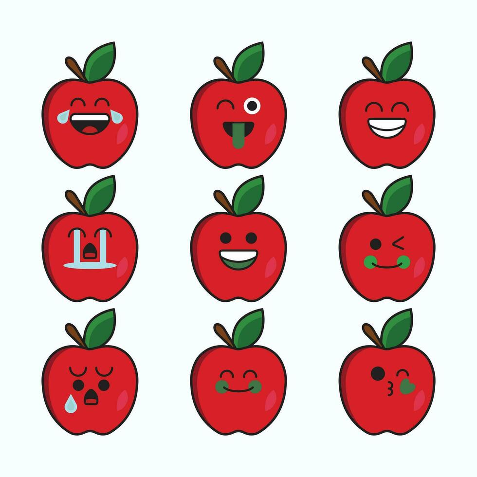röd äpple tecknad serie tecken olika uttryck ikon uppsättning. vektor