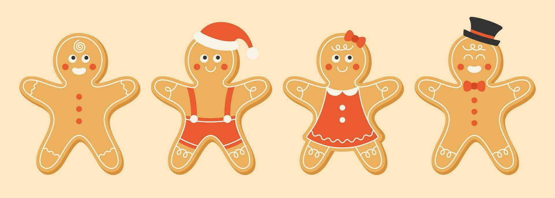 samling av xmas pepparkaka man och kvinna i platt stil. jul hemlagad småkakor och sötsaker. vektor illustration