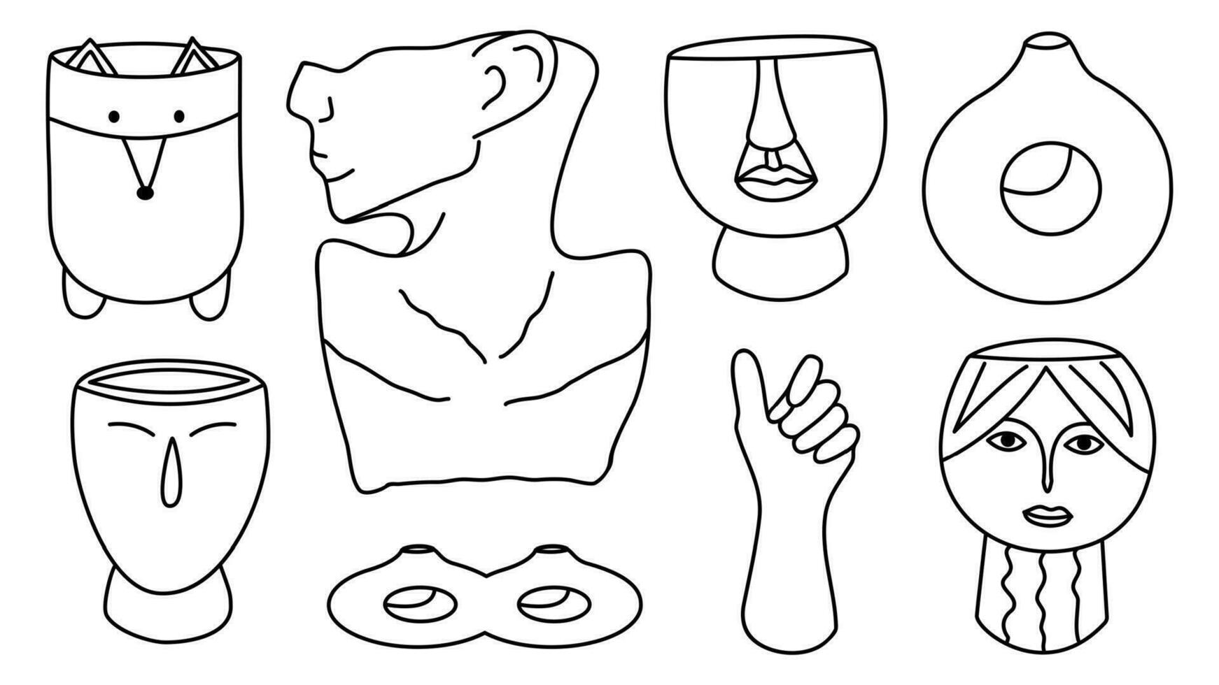 uppsättning av klotter linje konst vaser och krukor. hand dragen lera krukmakeri samling. annorlunda former med ansikte, hand, sällskapsdjur, cirkel. isolerat vektor illustration