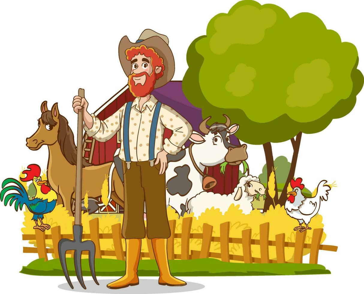 Vektor Illustration von glücklich Farmer Familie und Bauernhof Tiere