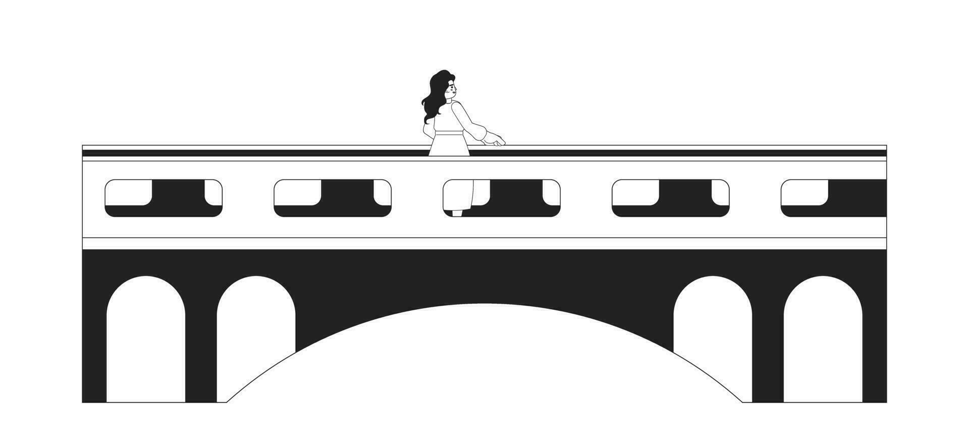 dagdrömma kvinna stående på bro svart och vit tecknad serie platt illustration. lady med vinka hår avkopplande linjär 2d karaktär isolerat. sightseeing resande enfärgad scen vektor bild