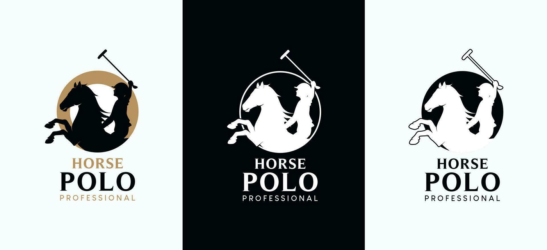 häst polo sport logotyp mall med silhuett av en manlig person ridning en stående häst vektor