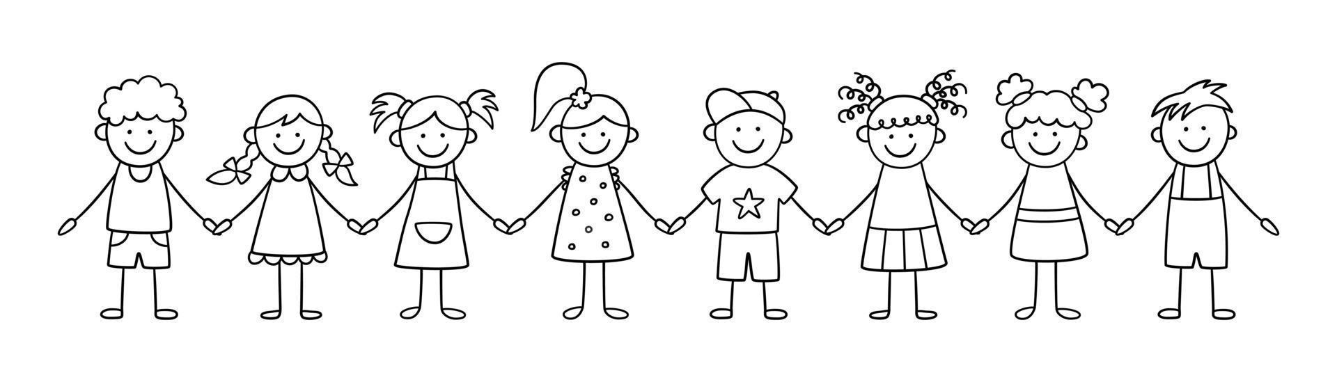 Gruppe lustiger Kinder, die Händchen halten. glückliche süße doodle kinder vektor