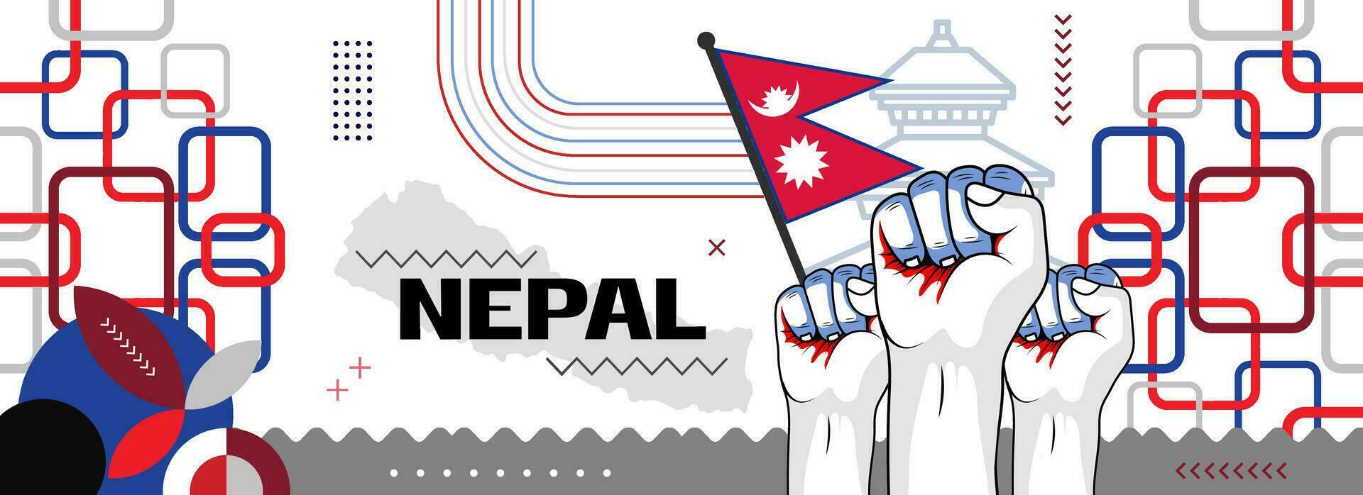 Nepal National oder Unabhängigkeit Tag abstrakt Banner Design mit Flagge und Karte. Flagge Farbe Thema geometrisch Muster retro modern Illustration Design. vektor