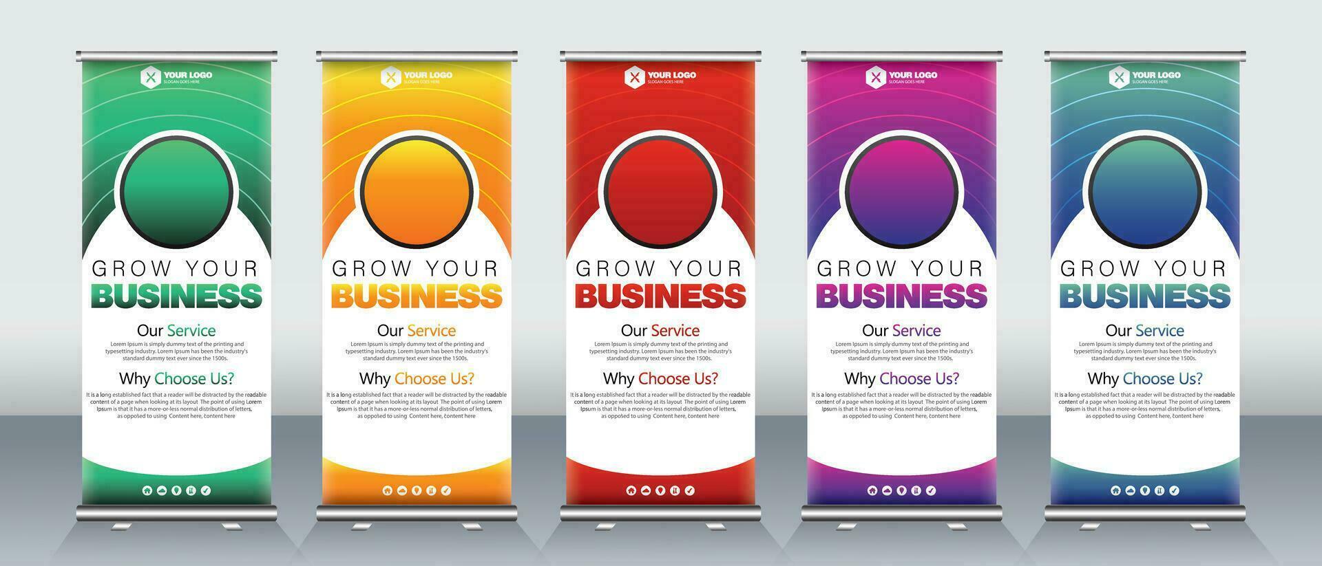 företags- modern rulla upp baner design för presentationer, x banderoller, företag möten, årlig möten, kampanjer med grön, orange, röd, lila, och blå färger. vektor